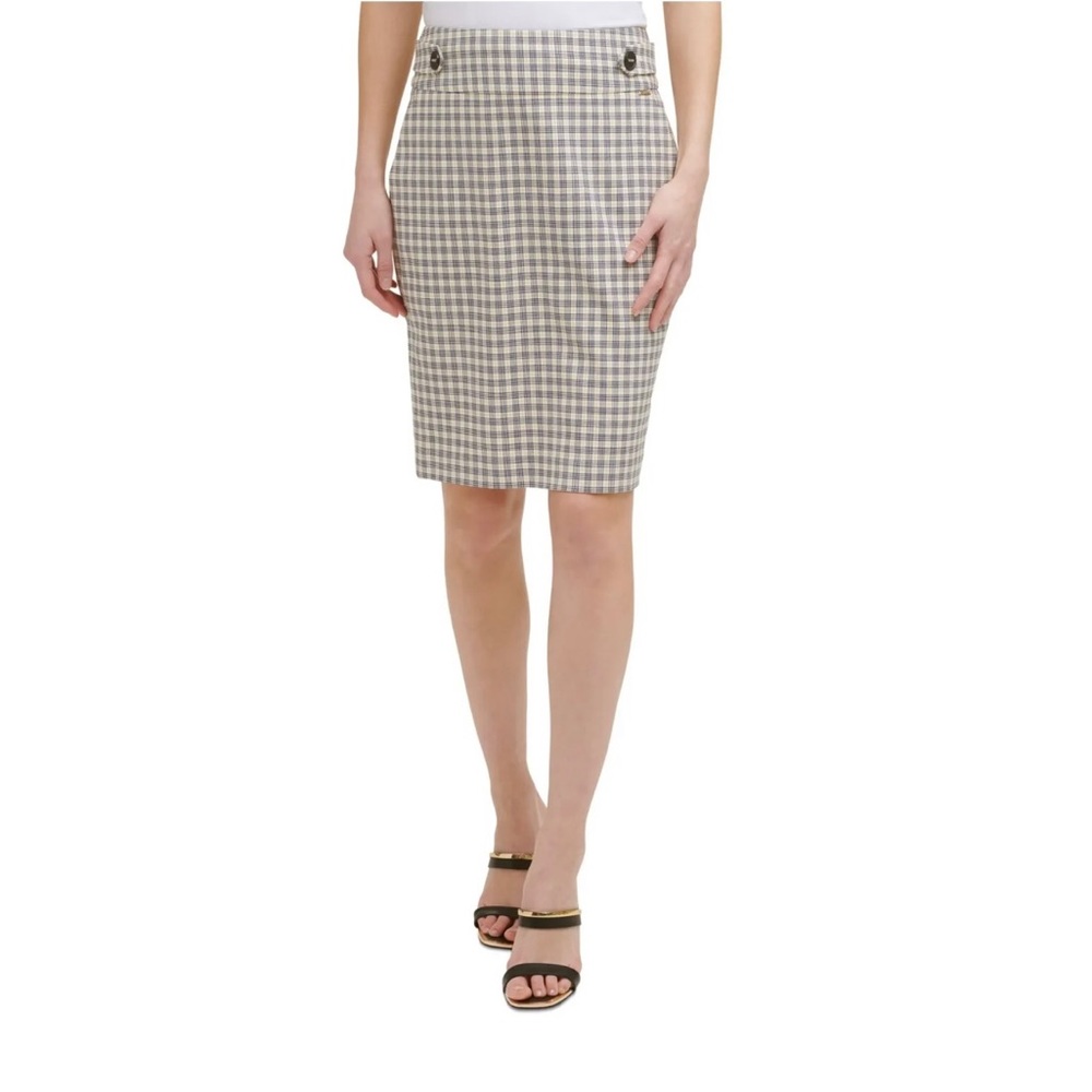 DKNY Women’s Yellow Button Detailed Plaid Knee Length Pencil Skirt Size 10